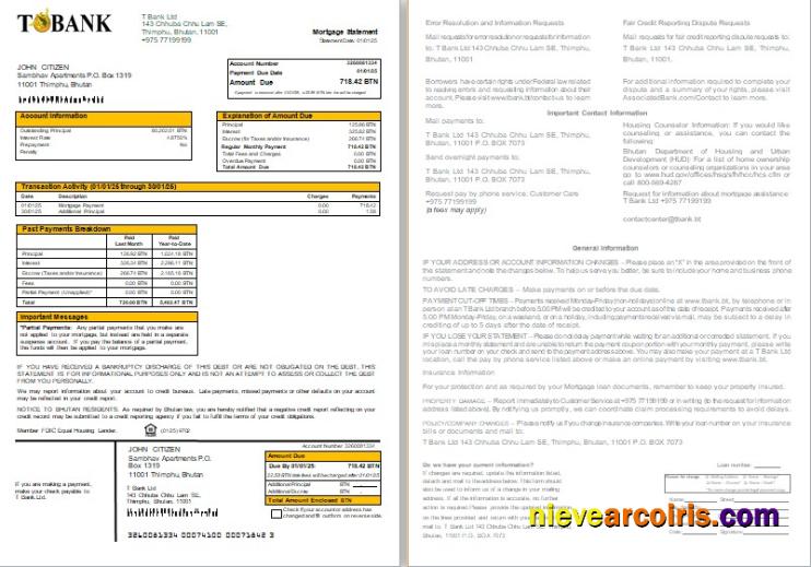 Bhutan T bank mortgage statement, 2 pages, 1-2